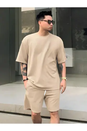 Men's Plain Beige Matching Set-Beige - 1