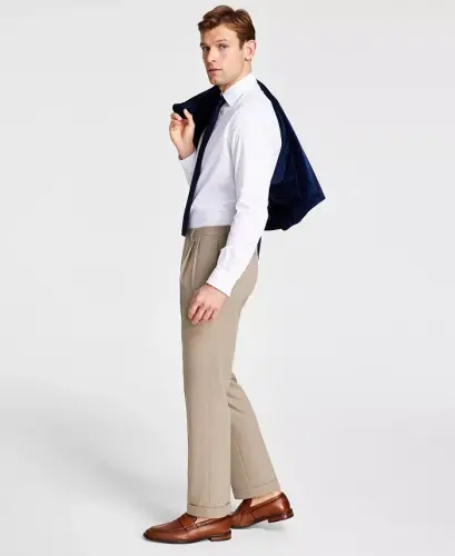 Men's Pleated Solid Classic Fit Pants 