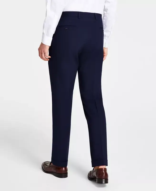 Men's Pleated Solid Classic Fit Pants-Navy - 3