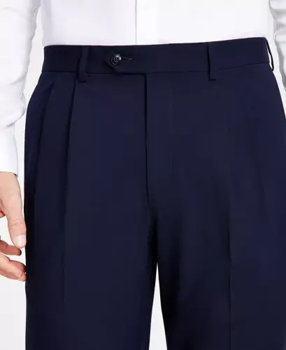 Men's Pleated Solid Classic Fit Pants-Navy - 4