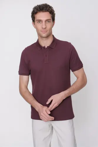 Men's Plum Basic Plain 100% Cotton Slim Fit Short Sleeve Polo T-Shirt - 4