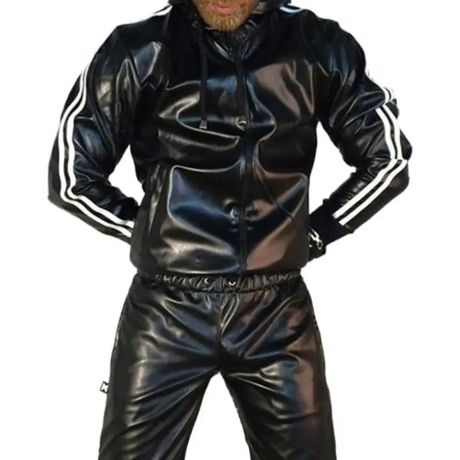 Men's PU Leather Hoodie Suit Casual Sportswear Hooded Jogging Suit Sportswear Men Outfit Set Juicy Tracksuit - 1