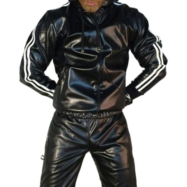 Men's PU Leather Hoodie Suit Casual Sportswear Hooded Jogging Suit Sportswear Men Outfit Set Juicy Tracksuit - Modazone