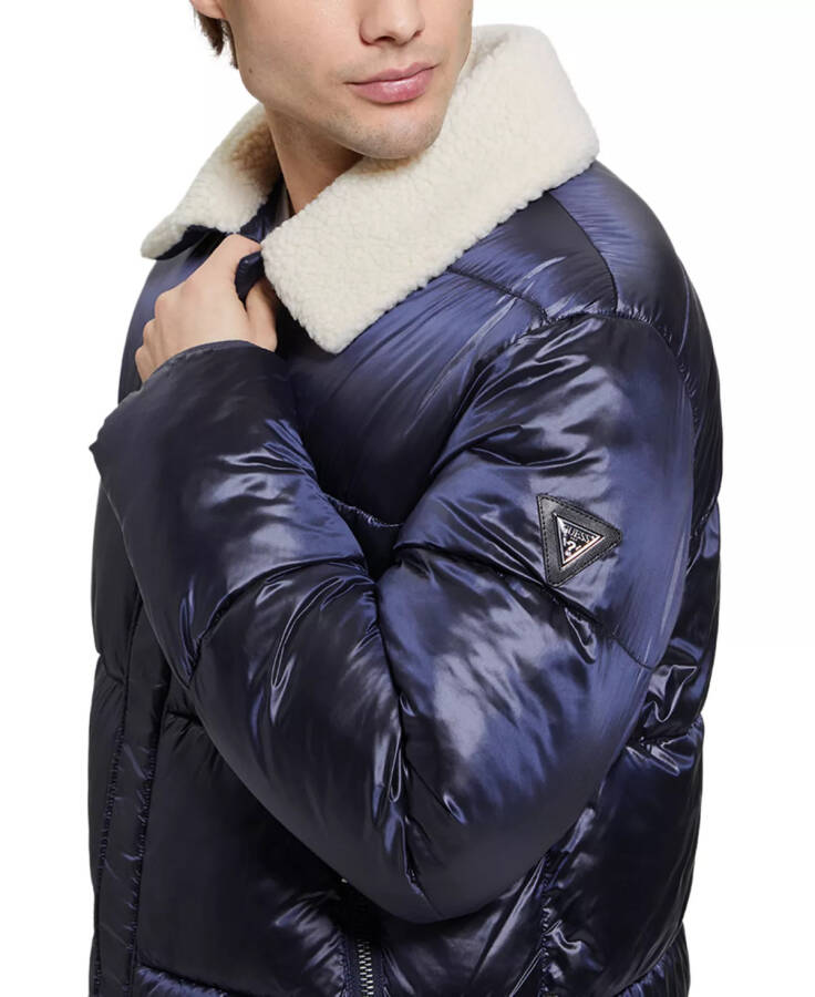 Men's Puffer Jacket with Sherpa Collar Navy Sea Multi - 3