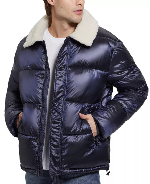 Men's Puffer Jacket with Sherpa Collar Navy Sea Multi - 4