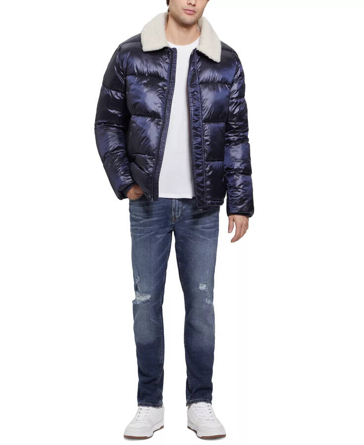 Men's Puffer Jacket with Sherpa Collar Navy Sea Multi - 5