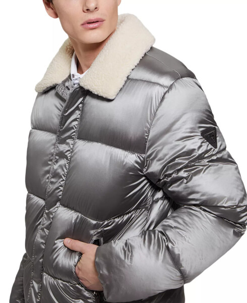 Men's Puffer Jacket with Sherpa Collar Silver Soiled - 3