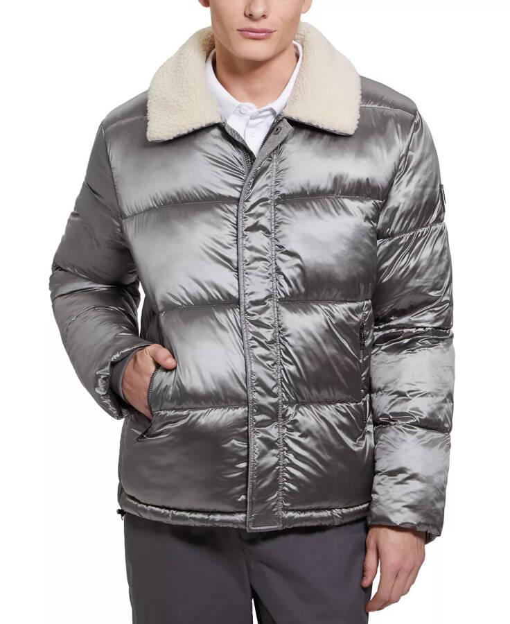 Men's Puffer Jacket with Sherpa Collar Silver Soiled - 4