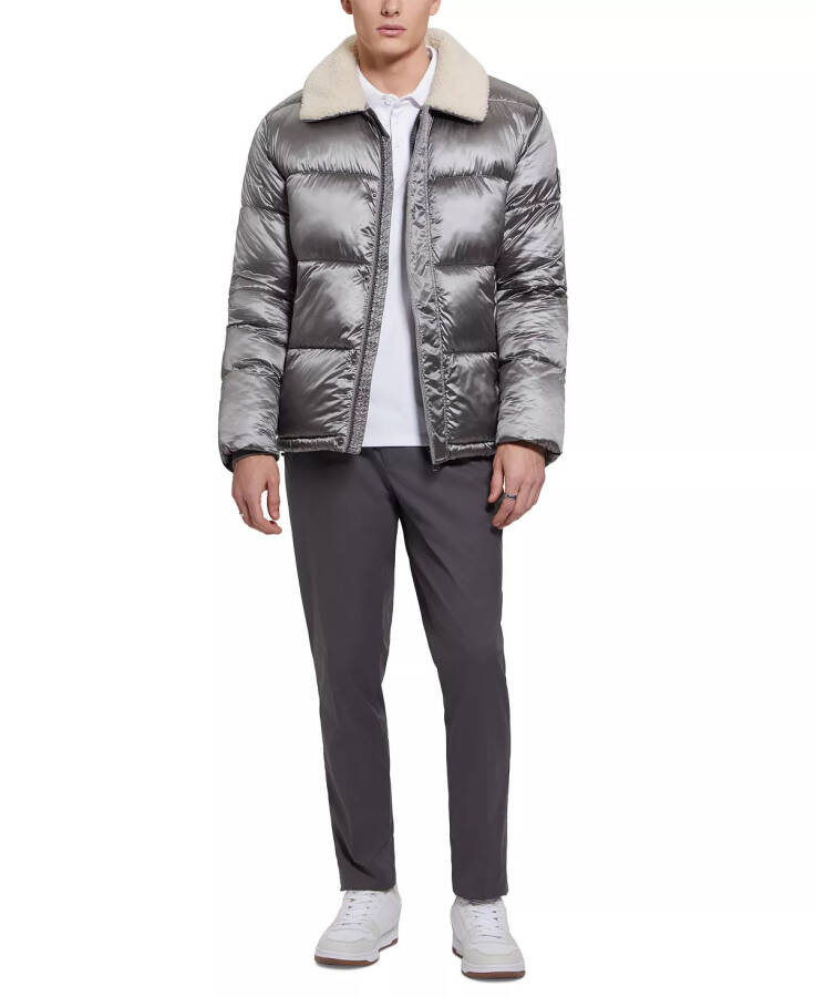 Men's Puffer Jacket with Sherpa Collar Silver Soiled - 5