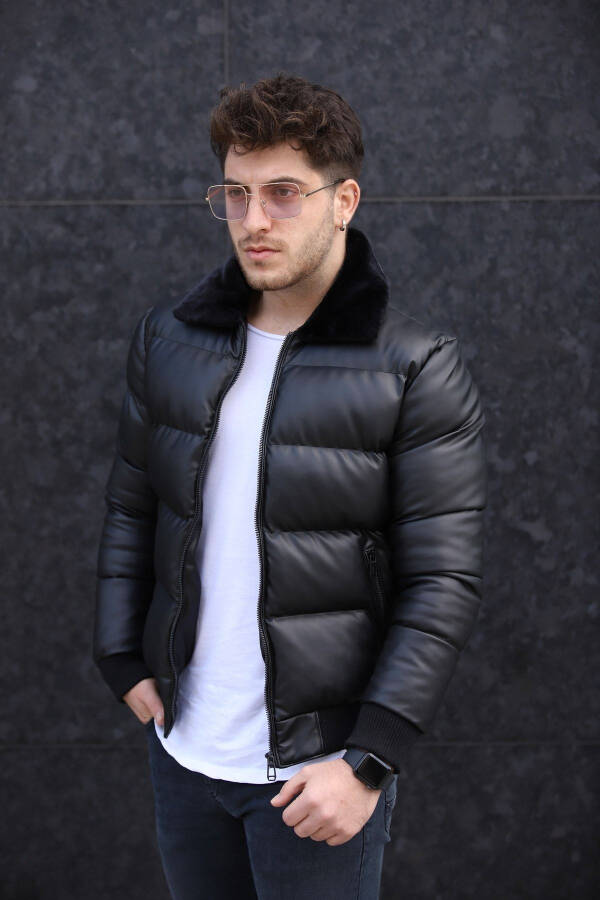 Men's Puffer Shiny Leather Jacket - 6