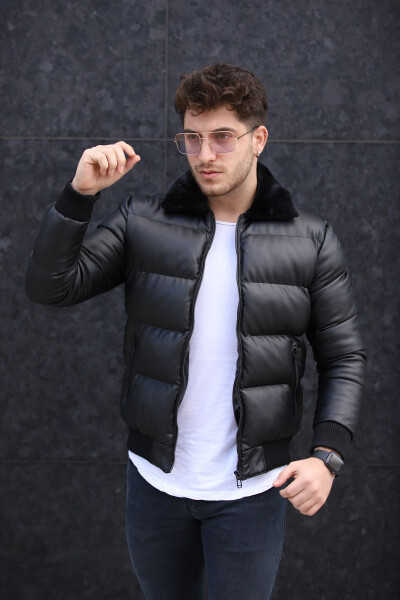 Men's Puffer Shiny Leather Jacket - FAMODA