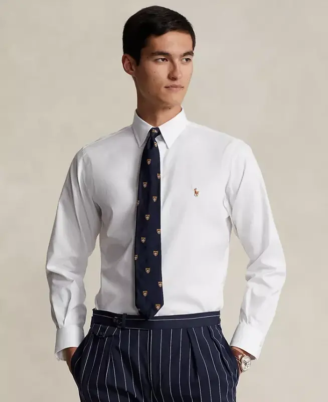 Men's Purepress Cotton Oxford Shirt-White/Brown - 1