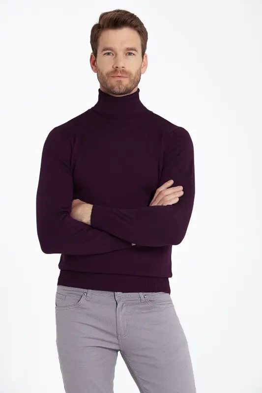 Men's Purple Regular Fit Turtleneck Knit Sweater-Purple - 3