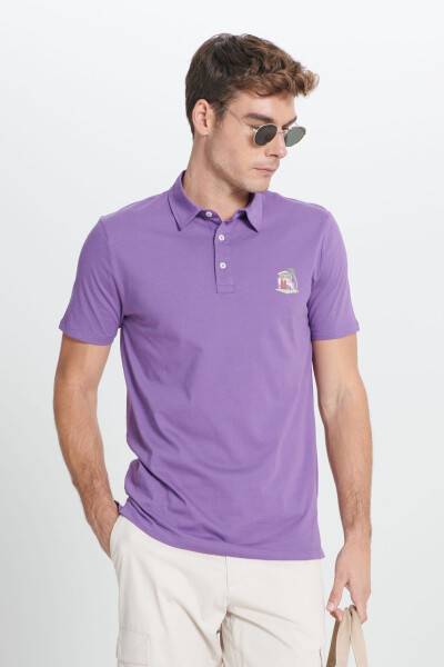 Men's Purple Standard Fit Regular Cut 100% Cotton Soft Textured Printed Polo Neck T-Shirt - MODAZONE