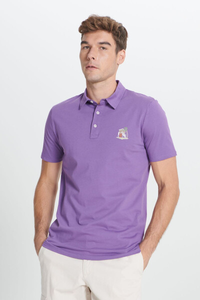Men's Purple Standard Fit Regular Cut 100% Cotton Soft Textured Printed Polo Neck T-Shirt - 3