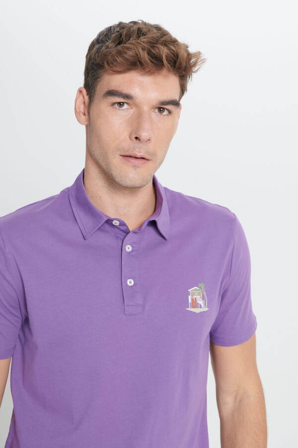 Men's Purple Standard Fit Regular Cut 100% Cotton Soft Textured Printed Polo Neck T-Shirt - 4