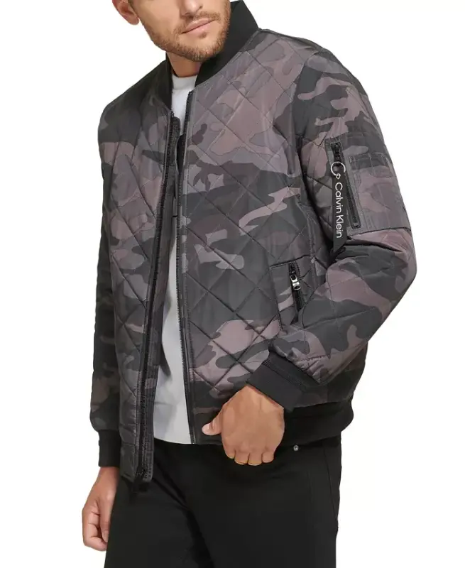 Men's Quilted Baseball Jacket with Rib-Knit Trim - Black Camo - 1