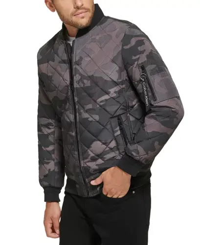 Men's Quilted Baseball Jacket with Rib-Knit Trim - Black Camo - 3