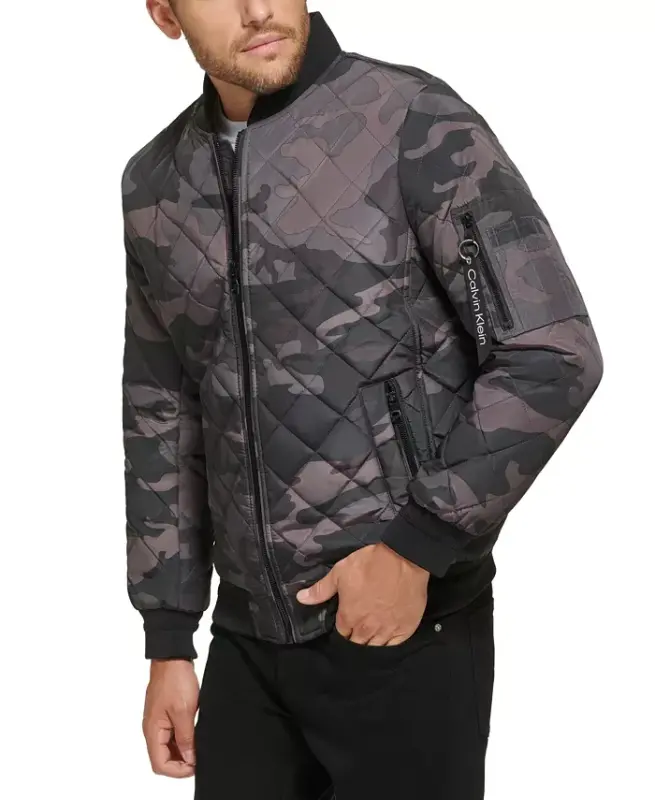 Men's Quilted Baseball Jacket with Rib-Knit Trim - Black Camo - 3