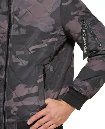 Men's Quilted Baseball Jacket with Rib-Knit Trim - Black Camo - 4