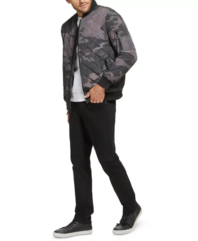 Men's Quilted Baseball Jacket with Rib-Knit Trim - Black Camo - 5