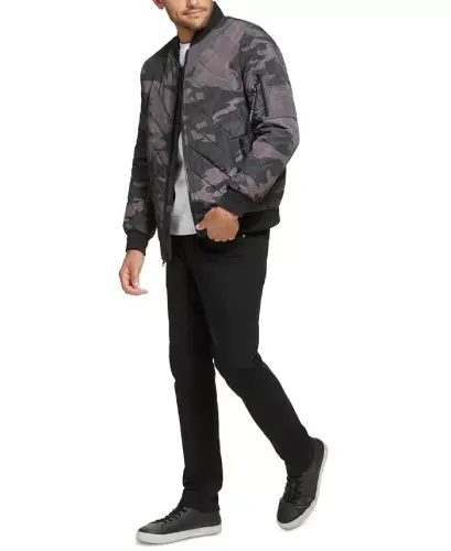 Men's Quilted Baseball Jacket with Rib-Knit Trim - Black Camo - 6