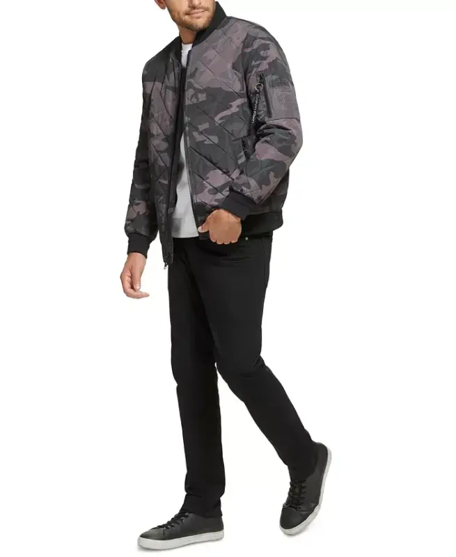 Men's Quilted Baseball Jacket with Rib-Knit Trim - Black Camo - 6