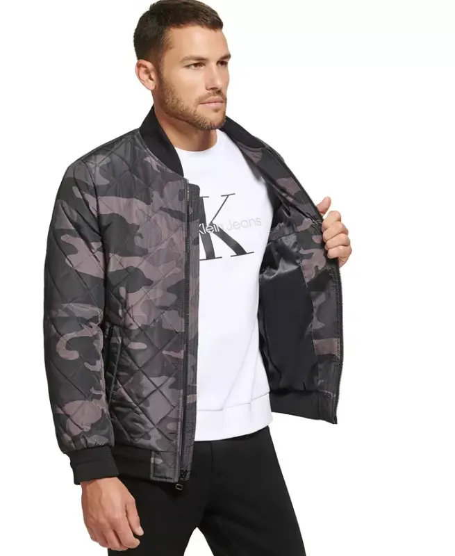 Men's Quilted Baseball Jacket with Rib-Knit Trim - Black Camo - 7