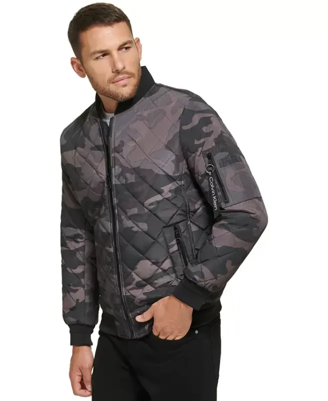 Men's Quilted Baseball Jacket with Rib-Knit Trim - Black Camo - 8
