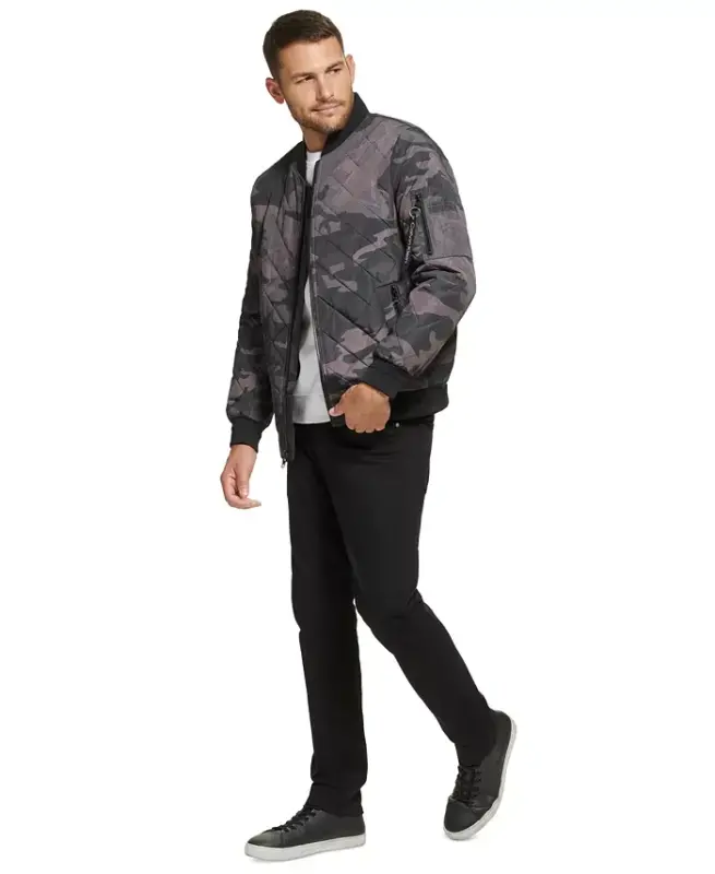 Men's Quilted Baseball Jacket with Rib-Knit Trim - Black Camo - 9