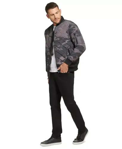 Men's Quilted Baseball Jacket with Rib-Knit Trim - Black Camo - 10