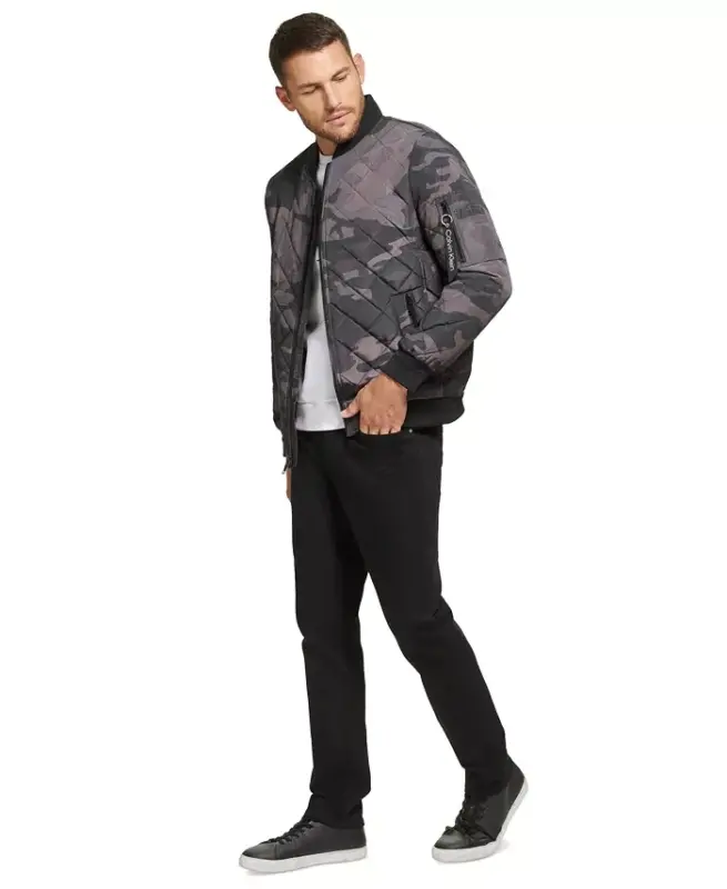 Men's Quilted Baseball Jacket with Rib-Knit Trim - Black Camo - 10