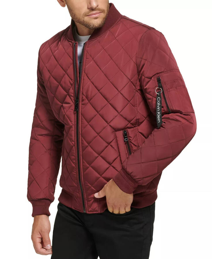 Men's Quilted Baseball Jacket with Rib-Knit Trim Burgundy - 1