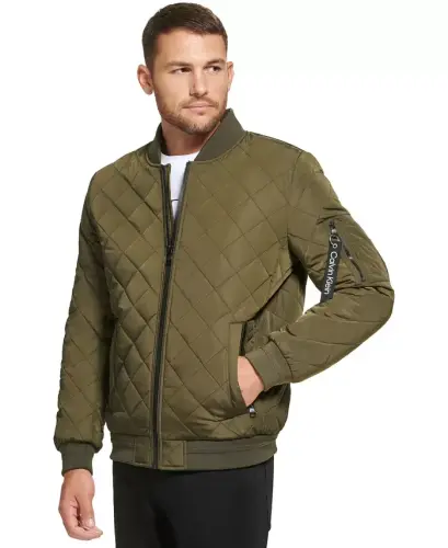 Men's Quilted Baseball Jacket with Rib-Knit Trim-Olivine - 1