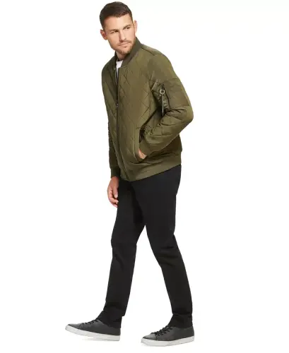 Men's Quilted Baseball Jacket with Rib-Knit Trim-Olivine - 4