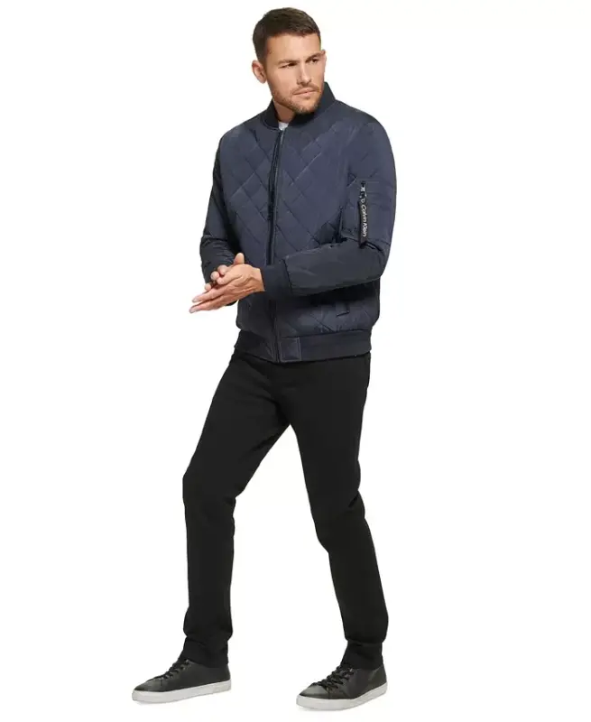 Men's Quilted Baseball Jacket with Rib-Knit Trim-True Navy - 3