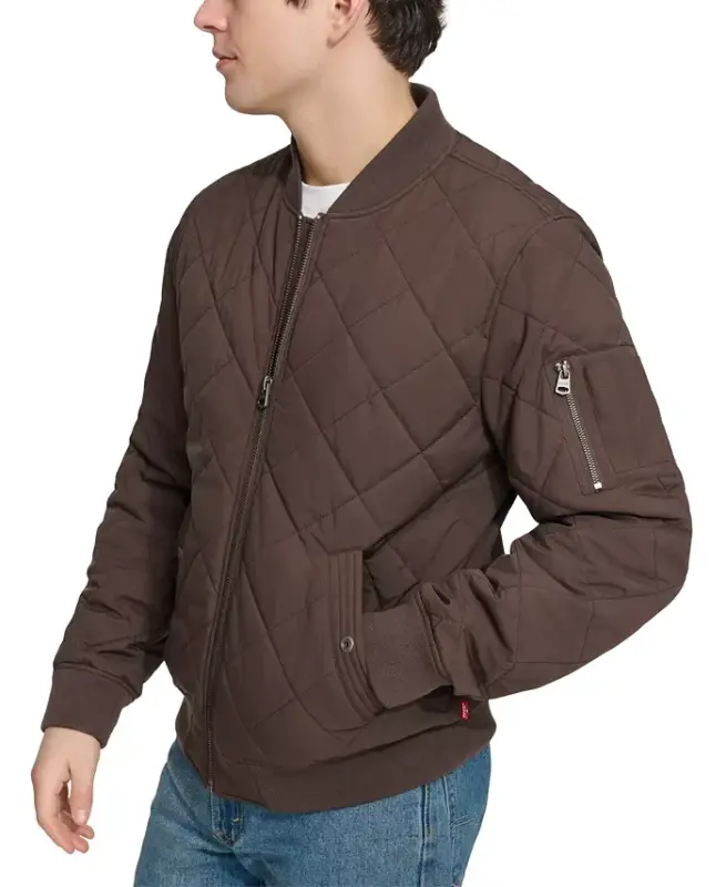 Men's Quilted Fashion Bomber Jacket-Chocolate Brown - 3