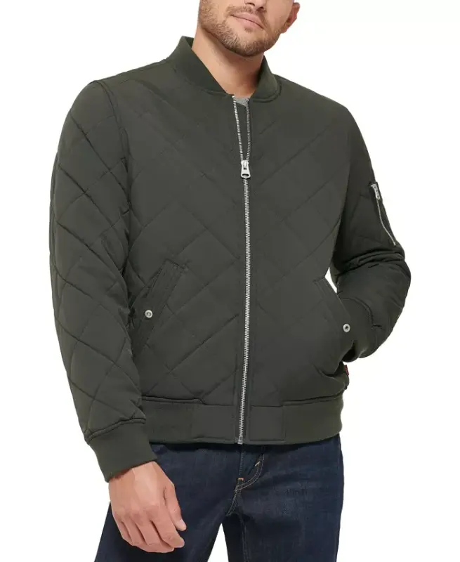 Men's Quilted Fashion Bomber Jacket-Olive - 1