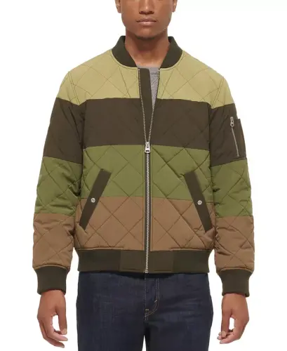Men's Quilted Fashion Bomber Jacket-Olive/brown Combo 