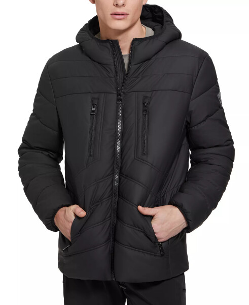 Men's Quilted Faux Leather Hooded Jacket Jet Black - 4