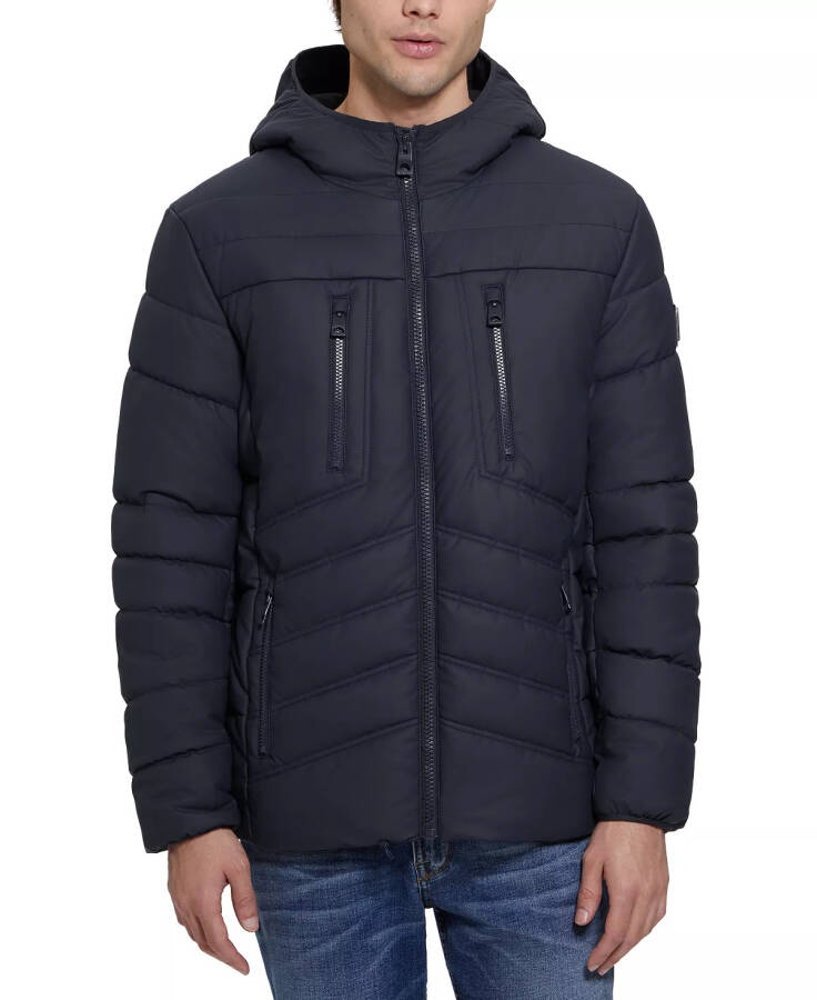 Men's Quilted Faux Leather Hooded Jacket Navy Sea - 1