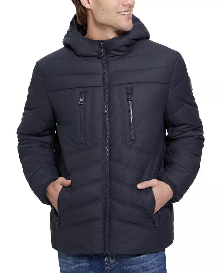 Men's Quilted Faux Leather Hooded Jacket Navy Sea - 3