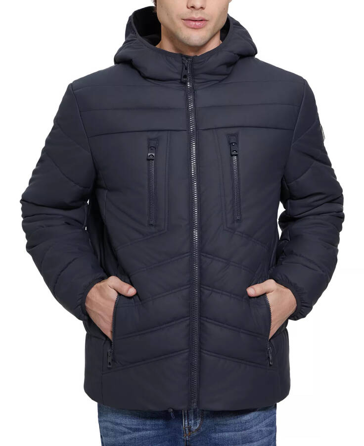 Men's Quilted Faux Leather Hooded Jacket Navy Sea - 5