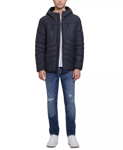 Men's Quilted Faux Leather Hooded Jacket Navy Sea - 6