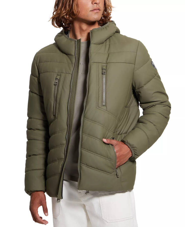 Men's Quilted Faux Leather Hooded Jacket Olive Morning - 4