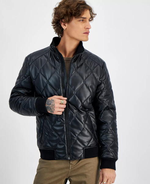 Men's Quilted Full-Zip Faux-Leather Jacket Jet Black A996 - 4