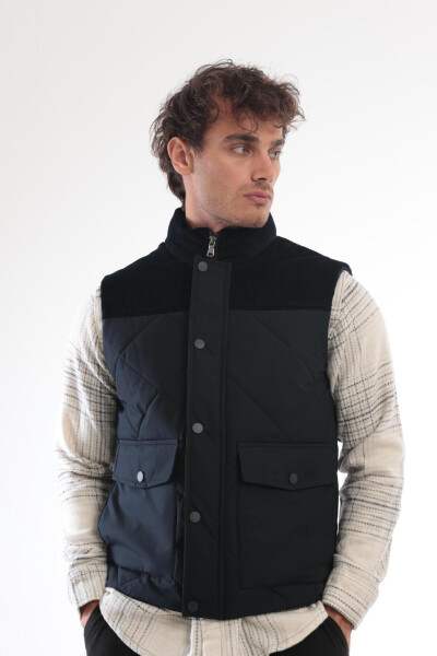 Men's quilted vest with velvet details, navy blue. - 3