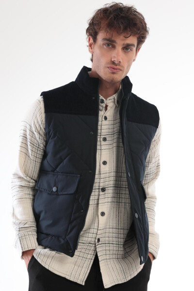 Men's quilted vest with velvet details, navy blue. - 4