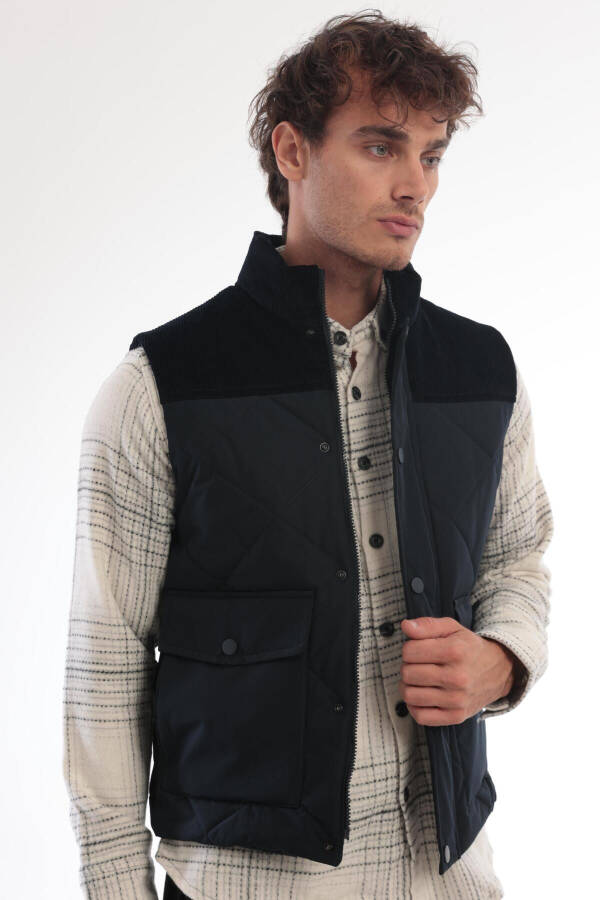 Men's quilted vest with velvet details, navy blue. - 6