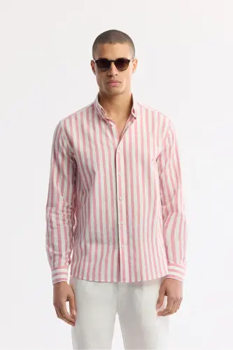 Men's Red 100% Cotton Button-Down Collar Linen Textured - 1